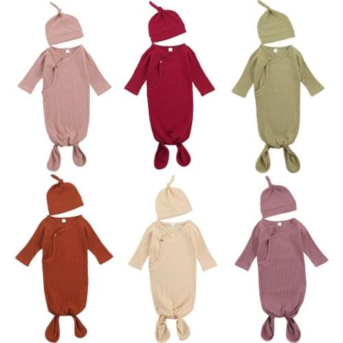 Newborn Baby Girls Boys Sleeping Bags Hats Solid Knit Long Sleeve Blanket Outfits