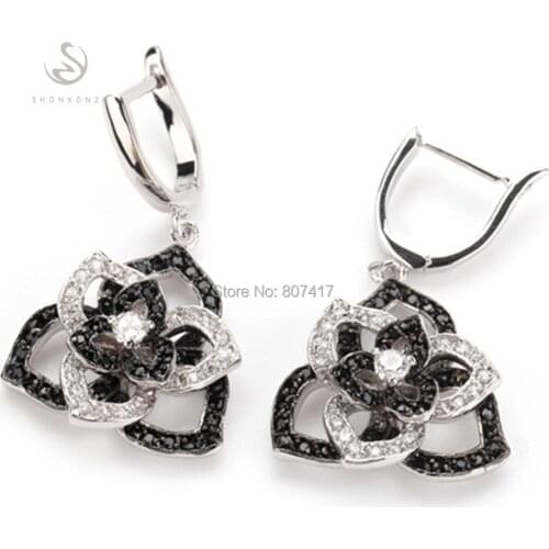 SHUNXUNZE Charms Fashion Wedding Earrings Romantic fashion For Women Jewelry Black And White Cubic Zirconia Rhodium Plated R921