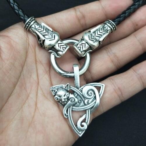 Vintage Nordic Style Celtic Knot Fox Pendant Amulet Necklace Mens Large Viking Jewelry