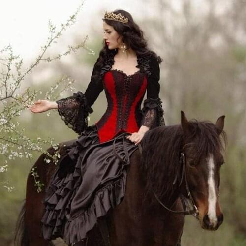 Vintage Black and Red Gothic Wedding Dresses with Jacket Long Juliet Sleeves Lace Ruffles lace-up Corset Back