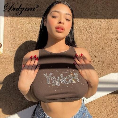 Dulzura Letter Rhinestone Women Crop Top Tanks Bodycon Sexy Streetwear Party Club Festival 2021 Summer Clothes