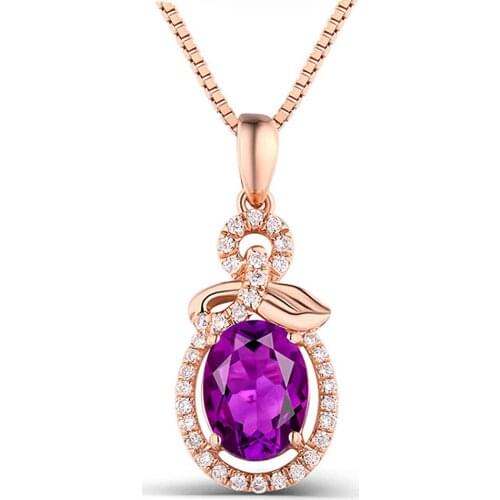 Leaves Flowers Red Purple Crystal Amethyst Zircon Diamonds Gemstones Pendant Necklaces for Women Rose Gold Color Jewelry Gifts