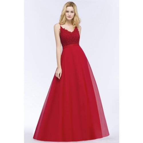 Elegant Beads Appliques Floor-Length V-Neck Prom Dresses Spaghetti Straps Dew Shoulder Backless Zipper-up Simple Gown Women