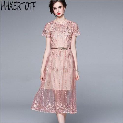2021 summer fashion women Floral Embroidery Mesh Dress Women Short Sleeve Pink Princess Dress Casual Dresses