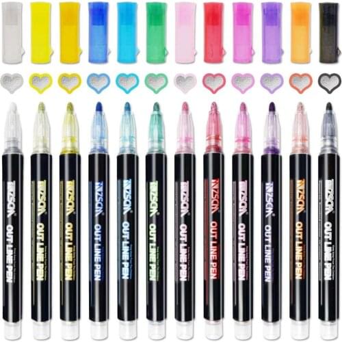 12pcs/set Outline Metallic Markers, Double Line Magic Shimmer Paint Pens For Kids Adults DRAWING Art Signature Coloring Journal