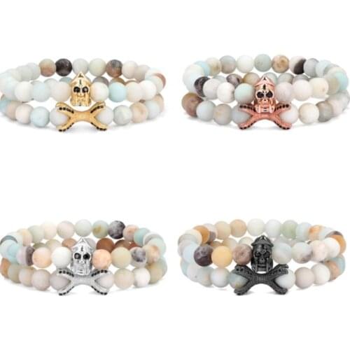 2pcs/lot 8mm warrior helmet skull gold silver copper cz zircon cubic zirconia beads bohemian Bracelet elastic Stone Bangles d3