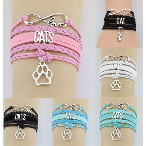 10PC/lot Infinity Love Cats Paw Charm Wrap Bracelets Cat Mom Paw Print Braid Charms Bracelet Gifts Women & Men Bracelets Jewelry