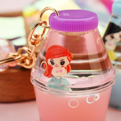New Cartoon Princess Keychain Mini Milk Tea Cup Liquid Quicksand Sequin Key Ring Car Bag Pendant Key Chains Gifts for Girl Women