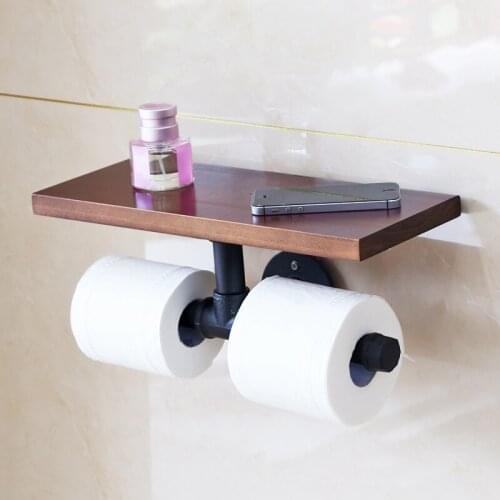Industrial Style Toilet Tissue Paper Towel Rack Retro Roll Paper Holder Hand Paper Rack Bathroom Accessory Solid Wood+Metal Shel