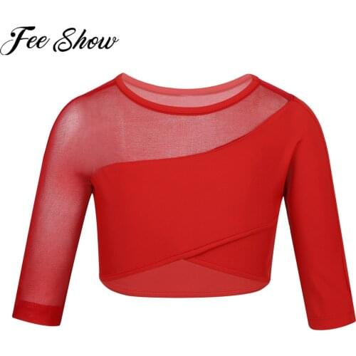 FEESHOW Kids Girls Tank Top Asymmetrical Mesh Neckline Sleeve Bottom Hem Crop Top T-Shirt Ballet Dance Stage Performance Workout