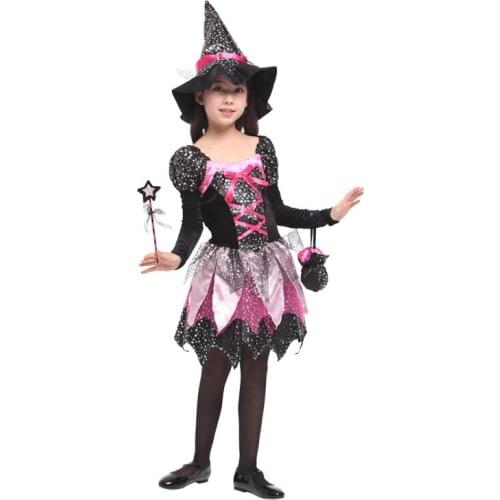 Child Kids Girls Shining Witch Sorceress Costume Dress Wand Bag Halloween Purim Carnival Masquerade Party Costumes Cosplay