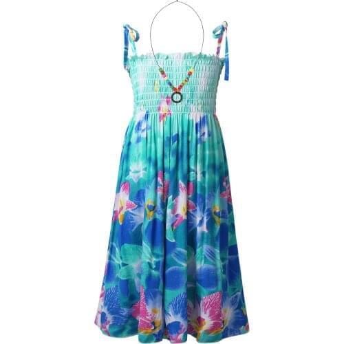6 8 10 12 Years Kids Girls Floral Dress Sling Ruffle Bohemian Beach Princess Dresses Sundress Child Casual Clothes with Necklace