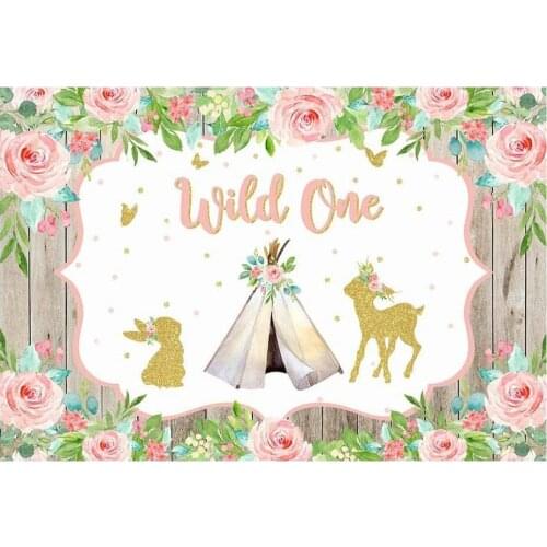 Golden Wild One Animals Backdrop Pink Flowers Photography Background Celebration Photo Booth Studio Decor