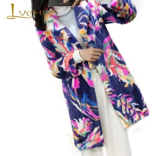 LVCHI Winter 2019 Import velvet Real Mink Coat Womens Long Sleeve Coat Turn-Down Collar Print Flower Causal Medium Mink Coats