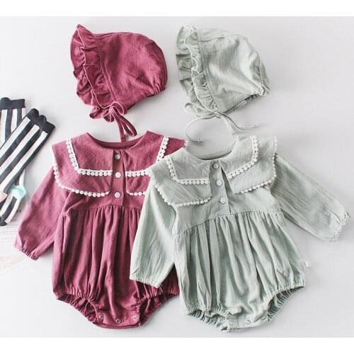Spring Autumn Princess Lace Long sleeve Romper +Hat 2Pcs Suit Twins Baby Clothes Baby Girl jumpsuit Newborn Cotton Clothes
