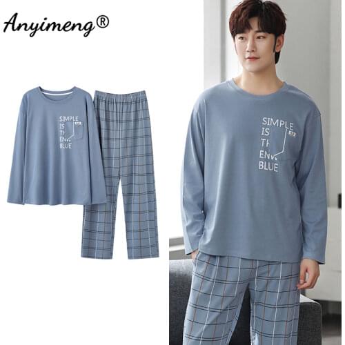 Korean Minimilist Style Men Pajamas Set Long Sleeve Long Pants Cotton Sleepwear for Boy Leisure Mens Pijamas Fashion Homesuits