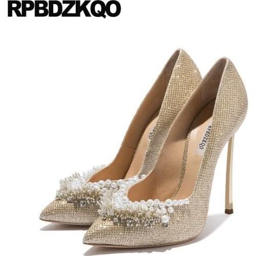 Ladies Super Metal Gold High Heels Pointed Toe 12cm 5 Inch 11 43 Pumps Size 33 Stiletto Pearl Wedding 10 42 Ivory Bridal Shoes