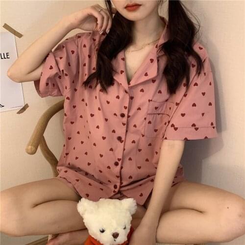 Summer Pink Love Women Nightwear Shirt Homewear SuitSoft Girls Pajamas Set Korean Short Sleeve Loose Leisure Sleepwear