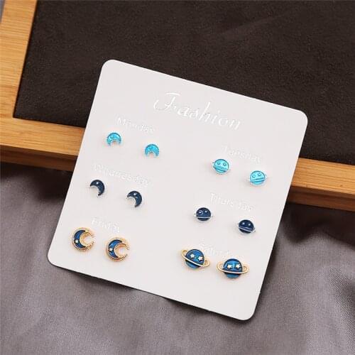 HTZZY 2021 New Trend Earrings for Women Fashion Jewelry Vintage Blue Universe Moon Cute Stud Earrings Set 6 Pairs with Card