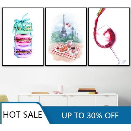 Paris Macaron Coffee Croissant Wine Nordic Wall Art Canvas Painting Posters Prints Wall Decor Kitchen Aesthetic Home Decoration