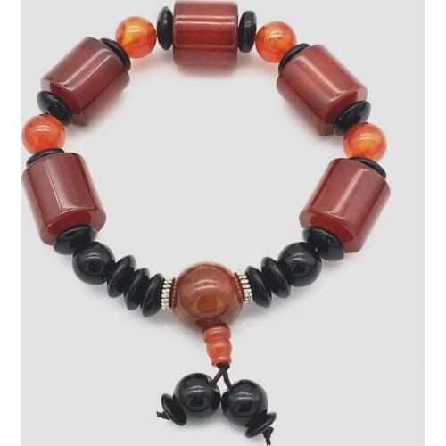 NEW Fashionable joker irregular cylindrical natural black and red noxy stone Bead bracelet 2pcs Bungee cord Men and women