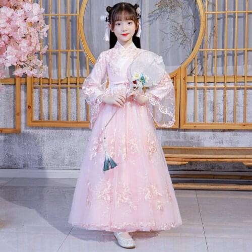 Girls Long sleeves Hanfu Autumn and Winter Clothes Ancient Style Embroidered Party Dress Flower Childrens Wear Evening Dress