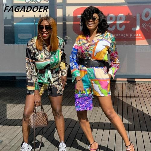 FAGADOER Autumn Bandana Print Retro Two Piece Set Women Long Sleeve Shirt Top And Elastic Waist Shorts Suits Party Club Outfits