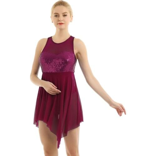 Professional Women Ballet Exercise Dress Sleeveless Sequins Asymmetric Mesh Criss Cross Back Leotard Bodysuit Dance Costume