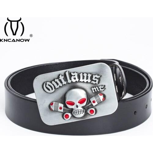Cool West Cowboy Style Men Genuine Leather Belts Outlaws Mc Skull Head Metal Buckle Cowhide Ceintures Wide Female Belt Waistband