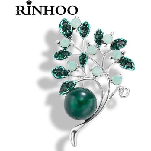 Rinhoo Elegant Retro Green Purple Plant Leaf Enamel Brooch Pearl Rhinestone Crystal Tree Leaf Branch Collar Pins Badge Jewelry