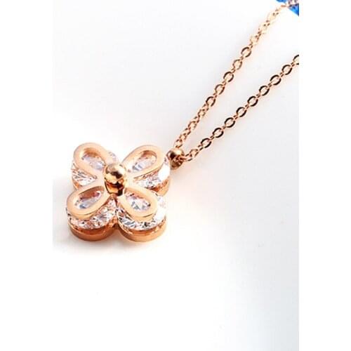 Sainmax New Fashion Titanium Necklace for Women Rosegold Four Leaf Clover With Crystal Girls Stainless Steel Jewelry