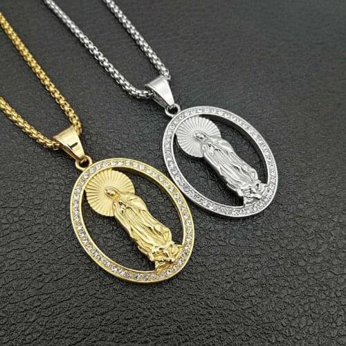 Hip Hop Rhinestones Paved Bling Iced Out Stainless Steel Virgin Mary Pendants Necklaces for Men Women Catholic Jewelry
