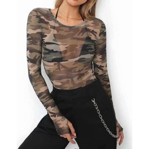 Zhangyunuo Camouflage Yoga Tops Women Gym Long Sleeve Sports Shirts Mesh Perspective Shirt Fitness Crop Top Workout Active Wear