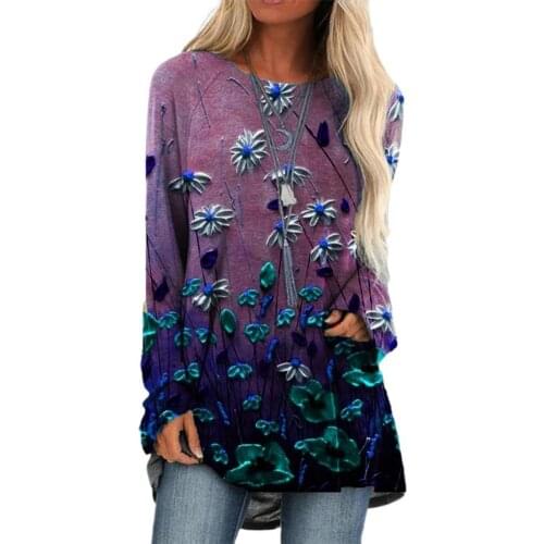 2021 Plus Size Women T-shirts Spring Autumn All-matched Gradient Floral Print Pullover Tees O-neck T Shirt For Women