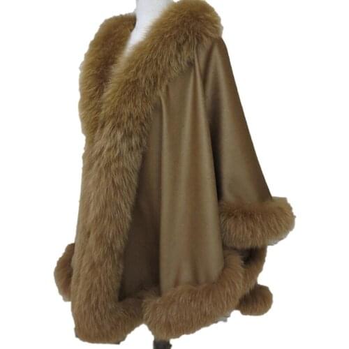 Women Real cashmere Fox fur Female Cloak Poncho Cape/Coat /Elegance Oversize Fit all Camel