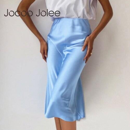 Jocoo Jolee Women Elegant Satin Bodycon Skirts Casual High Waist Silk Long Skirts Summer Office Lady Midi Skirt 2021 High Street