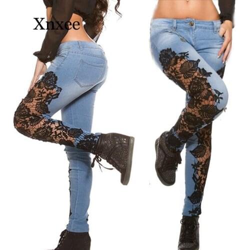 Flower sexy pants Women Lace Hollow Out Floral Appliques Skinny Denim Jeans Sexy Denim Pencil Pants Women Autumn Slim Jeans