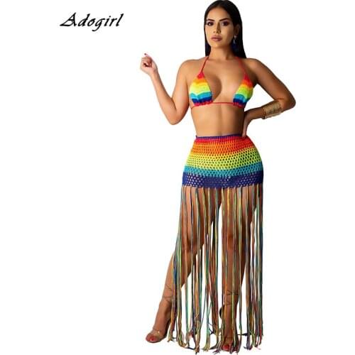 Women Rainbow Knitted Rib Two Piece Set Sexy See Through V Neck Crop Top with Tassel Mini Skirts Summer Beach Women Outfit
