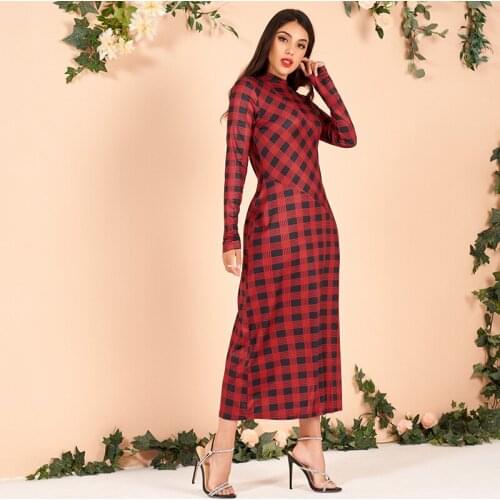 New Summer Womens Maxi Dress Nice Classic Black Red Plaid Long Sleeve Slim Elegant Temperament Long Party Casual Robe Dresses