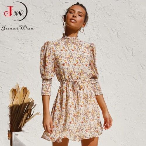 Floral Print Women Mini Party Dress Sweet Ruffles Puff Three Quarter Sleeve Elastic Waist Boho Beach Sundress Casual