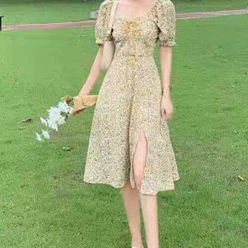 Summer 2021 New Female French Gentle Wind Square Can Be Salt Can Be Sweet Temperament High Sense Split Floral Dress Female Trend
