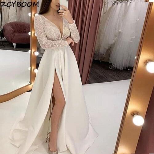 Ivory Prom Dress 2021 Women Formal Party Night Elegant A-Line O-Neck Vestidos De Gala Long Sleeves Satin Sexy Long Evening Gowns