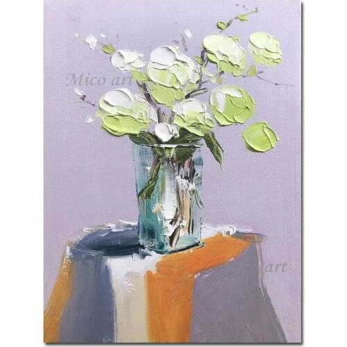 100% Hand Painted Palette Knife Vase Flower Art Colorful Abstract Design Oil Painting Canvas Picture Textured Floral Paintings