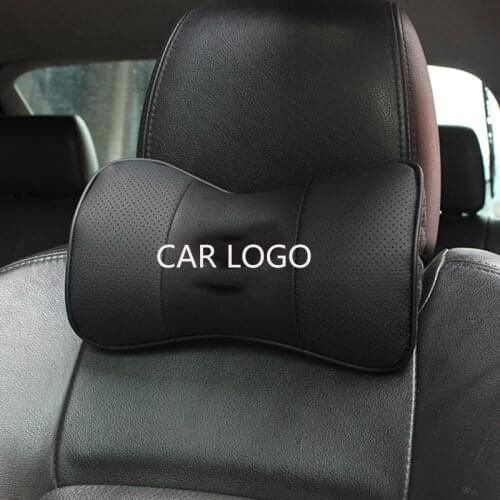 2PC Genuine Leather Bone-Shaped Car Seat Pillow Neck Rest Headrest Comfortable Black Cushion Pad custom Logo Pattern