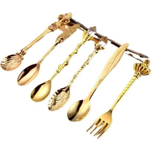 6PCS/Set Vintage Royal Style Metal Spoons Forks DIY Carved Fork Table Spoon Antique Tea Spoons Coffee Spoon Dessert Fork