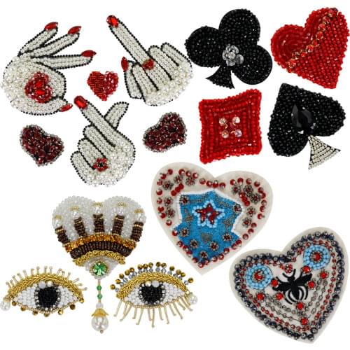Beaded Rhinestones Rock Roll Finger Gesture Hand Patches Punk Style Handmade Applique Sewing Dress Bag Shoes Accessories