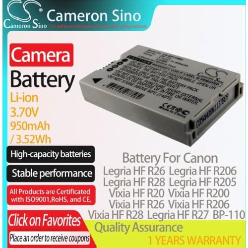 CameronSino Battery for Canon Legria HF R26 R28 R206 R205 R26 R27 Vixia HF R20 R21 R200 R26 R28 fits Canon BP-110 camera battery