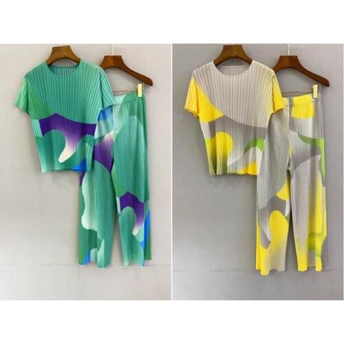 Changpleat 2021 Summer High Street Women Pants Sets Miyak Pleated Fashion Slim T-shirts and Straight-leg pants Two-piece suit