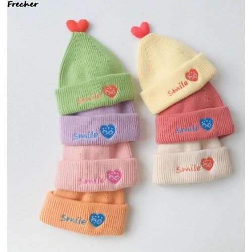 Baby Beanies Knitted Hats Embroidery Love Smily Kids Boys Girls Autumn Winter Caps Soft Thicking Warm Children Hat 0-2 Years Old