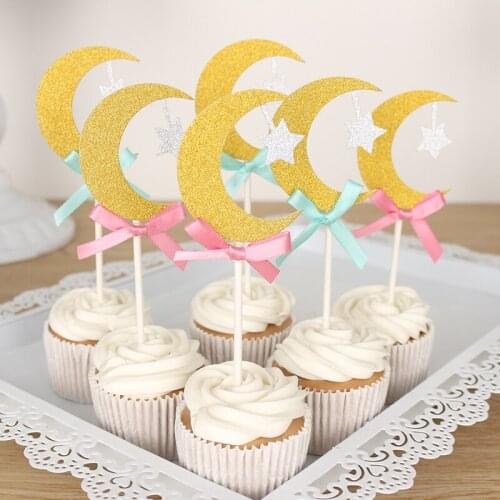 Baby Shower Cupcake Toppers - Bow moon Cupcake Topper, Gender Reveal Party Decor, Baby Shower Toppers, Baby Girl, Baby Boy
